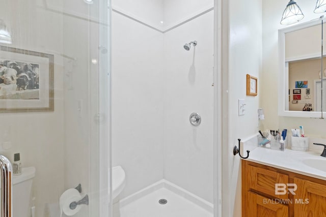 full bathroom featuring toilet, a shower stall, and vanity