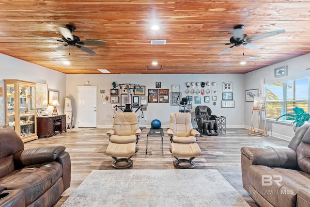 living area featuring ceiling fan, wooden ceiling, wood finished floors, and baseboards