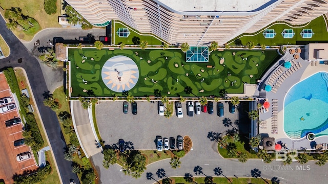 aerial view of a pool area
