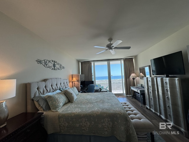 28107 Perdido Beach Blvd Unit D713, Orange Beach, AL 36561 - bedroom with expansive windows, access to exterior, dark wood-style flooring, and a ceiling fan