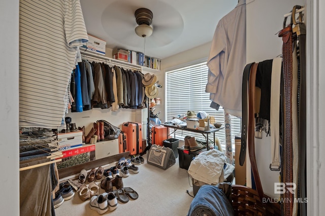 walk in closet with ceiling fan