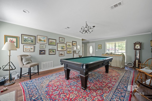 playroom featuring hardwood / wood-style floors, ornamental molding, and pool table