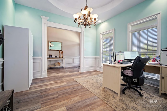 10197 Bellingrath Rd, Theodore, AL 36582 - office with wood finished floors, a chandelier, a wainscoted wall, and recessed lighting