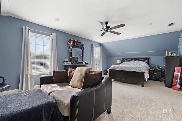 10197 Bellingrath Rd, Theodore, AL 36582 - carpeted bedroom featuring ceiling fan, lofted ceiling, and recessed lighting