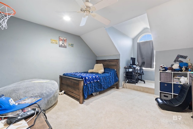 10197 Bellingrath Rd, Theodore, AL 36582 - bedroom with lofted ceiling, carpet floors, and a ceiling fan