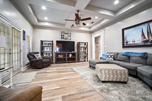 10197 Bellingrath Rd, Theodore, AL 36582 - living room with light wood-type flooring, a ceiling fan, and coffered ceiling