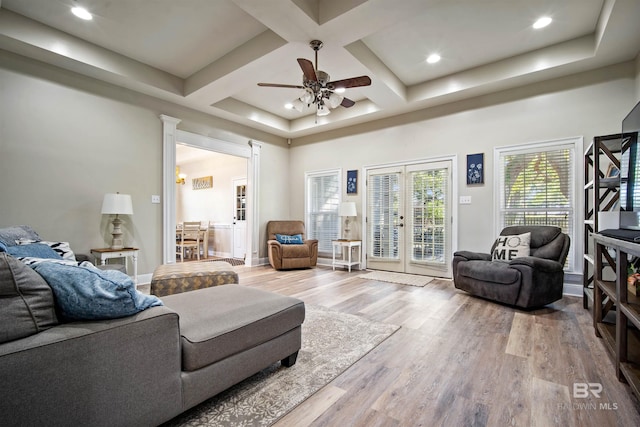 10197 Bellingrath Rd, Theodore, AL 36582 - living area featuring a ceiling fan, wood finished floors, french doors, coffered ceiling, and recessed lighting