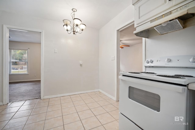 kitchen with ceiling fan with notable chandelier, light tile patterned floors, white electric stove, white cabinetry, and hanging light fixtures