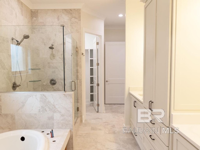 bathroom with vanity, independent shower and bath, and ornamental molding