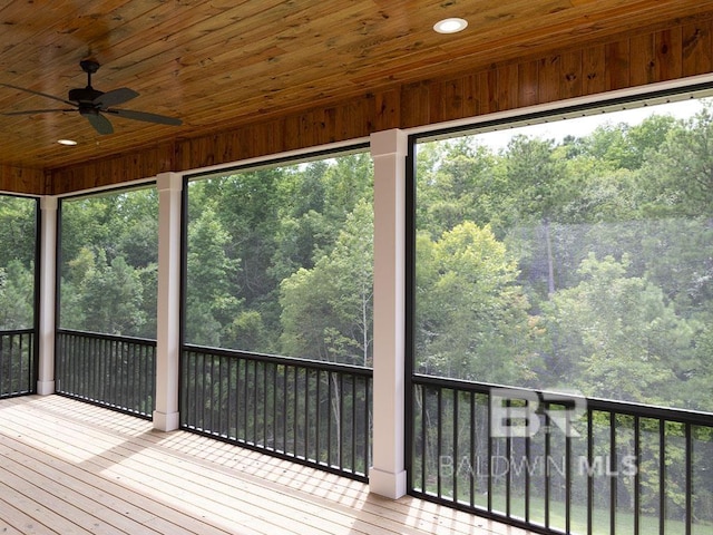 unfurnished sunroom featuring ceiling fan and wood ceiling