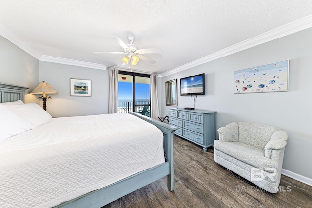 bedroom with ornamental molding, dark wood finished floors, ceiling fan, and access to exterior