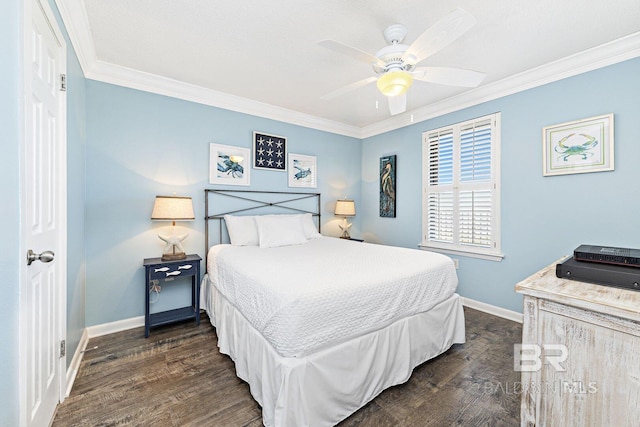 bedroom with baseboards, ornamental molding, dark wood finished floors, and a ceiling fan