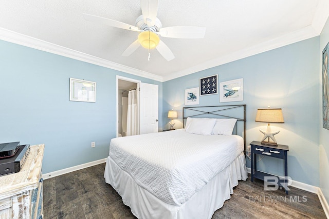 bedroom with baseboards, dark wood finished floors, ornamental molding, and ceiling fan