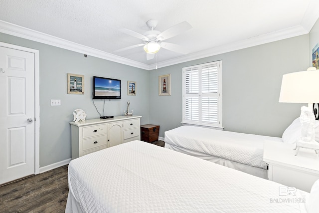 bedroom featuring crown molding, baseboards, a ceiling fan, and dark wood finished floors