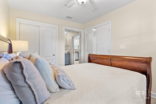 bedroom with ceiling fan and a closet