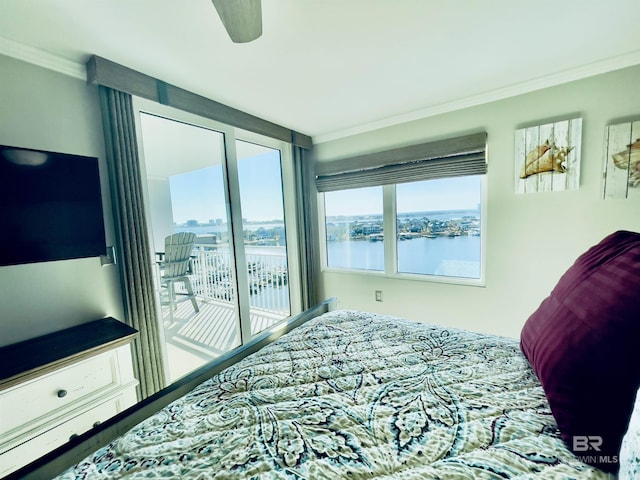 bedroom with ornamental molding, a water view, access to outside, and ceiling fan