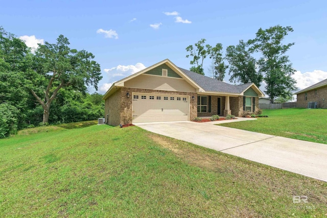 ranch-style house featuring a garage, driveway, brick siding, and cooling unit