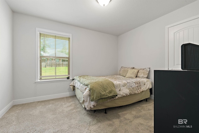 bedroom with baseboards and carpet