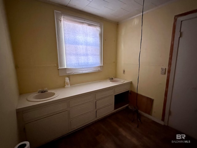 bathroom with vanity and hardwood / wood-style flooring