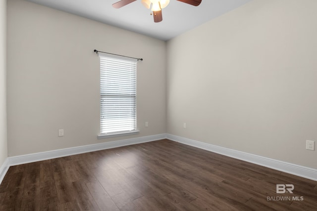 empty room featuring ceiling fan and dark wood-type flooring