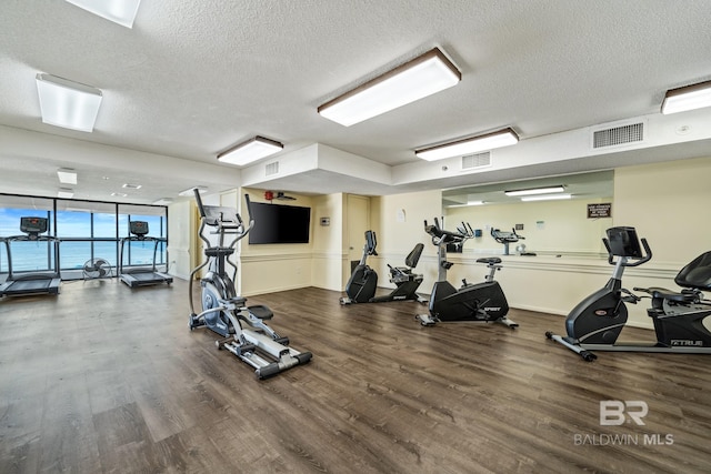 gym with hardwood / wood-style flooring, expansive windows, and a textured ceiling