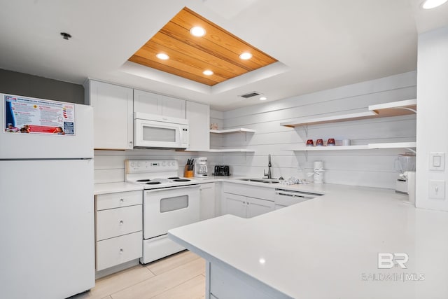 kitchen with wood ceiling, white appliances, a raised ceiling, sink, and white cabinetry