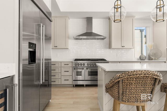 kitchen featuring backsplash, light hardwood / wood-style flooring, wall chimney exhaust hood, pendant lighting, and high end appliances