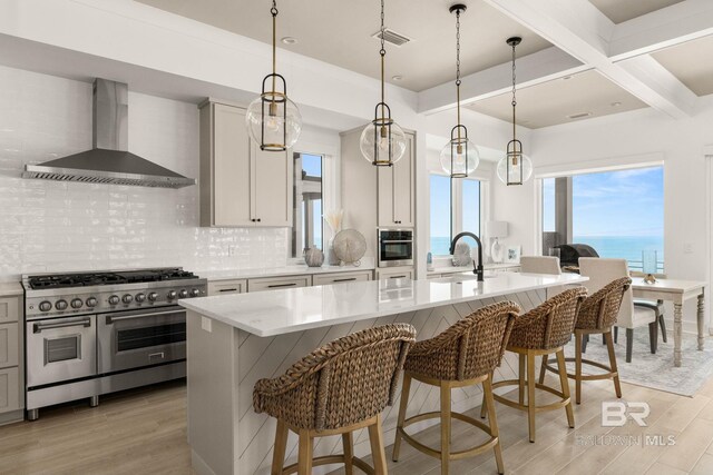 kitchen with stainless steel appliances, tasteful backsplash, sink, light wood-type flooring, and wall chimney range hood