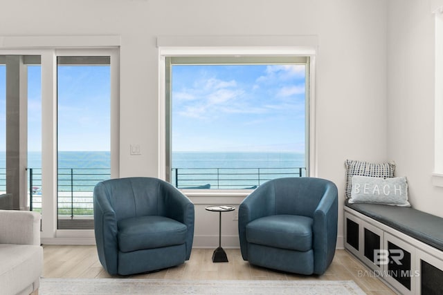 living area featuring light hardwood / wood-style flooring and a water view