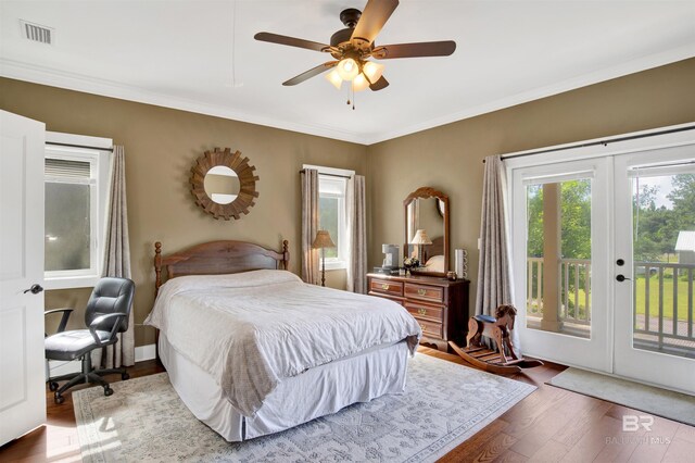 17541 Council Oaks Ln, Bon Secour, AL 36511 - bedroom with access to outside, french doors, wood finished floors, ornamental molding, and a ceiling fan