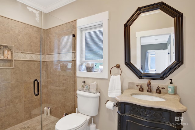 17541 Council Oaks Ln, Bon Secour, AL 36511 - bathroom with a shower stall, vanity, and crown molding