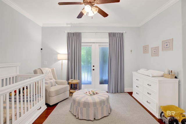 17541 Council Oaks Ln, Bon Secour, AL 36511 - bedroom with ornamental molding, french doors, wood finished floors, and a ceiling fan