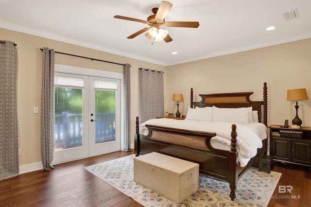 17541 Council Oaks Ln, Bon Secour, AL 36511 - bedroom featuring access to outside, french doors, dark wood-type flooring, crown molding, and a ceiling fan