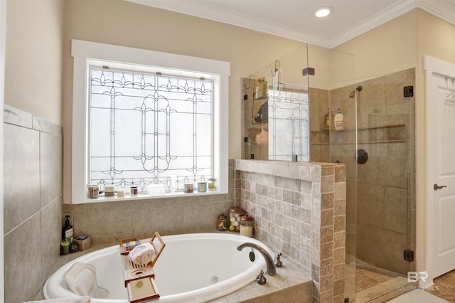 17541 Council Oaks Ln, Bon Secour, AL 36511 - full bathroom featuring a shower stall, a jetted tub, ornamental molding, and recessed lighting