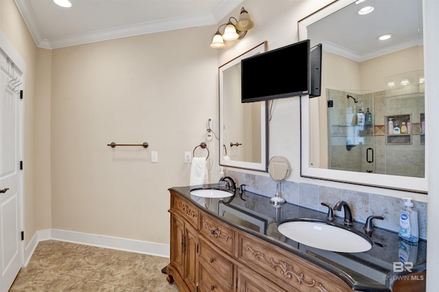17541 Council Oaks Ln, Bon Secour, AL 36511 - bathroom with double vanity, crown molding, a shower stall, recessed lighting, and tasteful backsplash