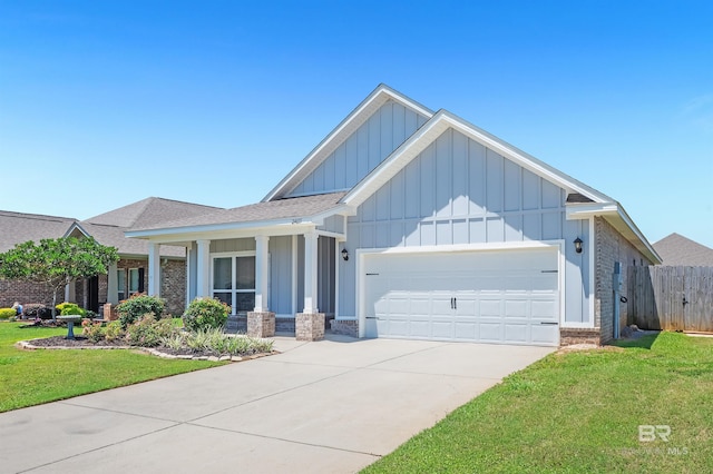 view of front of property featuring board and batten siding, a garage, driveway, brick siding, and a shingled roof