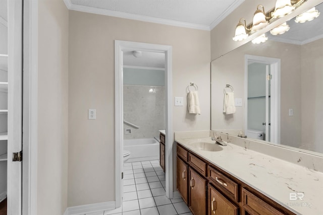 bathroom with toilet, ornamental molding, vanity, and tile patterned flooring