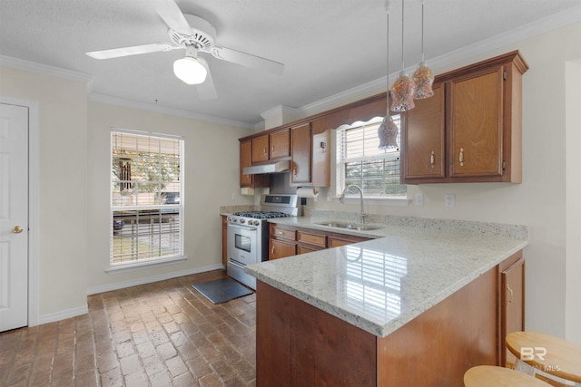 kitchen with stainless steel gas range oven, brown cabinetry, under cabinet range hood, and a sink