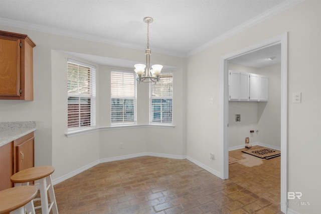 dining area with brick floor, baseboards, an inviting chandelier, and ornamental molding