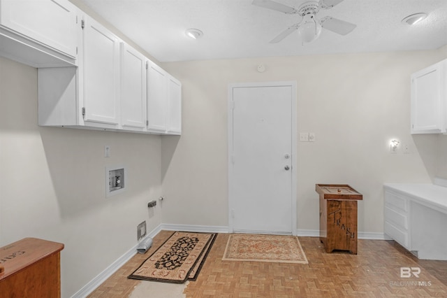 washroom featuring hookup for a washing machine, baseboards, gas dryer hookup, cabinet space, and ceiling fan