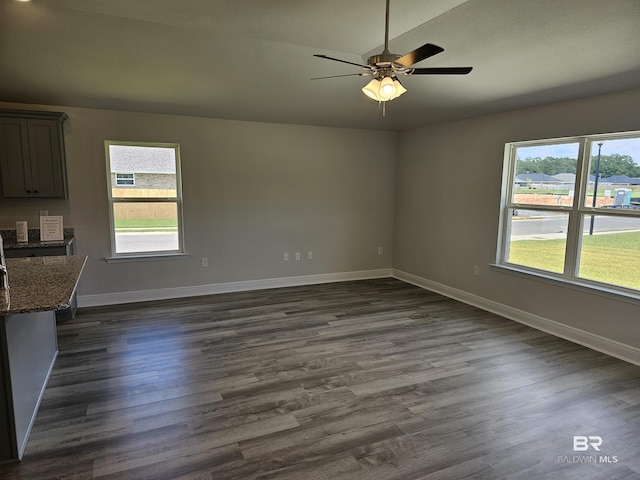 interior space with ceiling fan and dark hardwood / wood-style floors