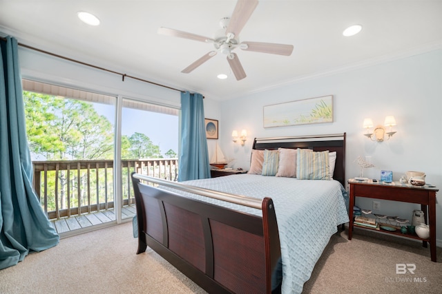 carpeted bedroom with ceiling fan, access to exterior, and crown molding