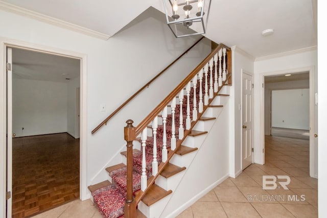 3755 N Claridge Rd, Mobile, AL 36608 - staircase featuring crown molding, baseboards, and tile patterned floors