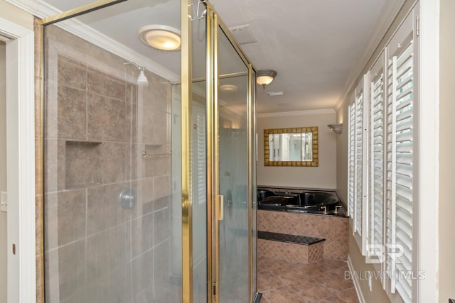 3755 N Claridge Rd, Mobile, AL 36608 - bathroom featuring healthy amount of natural light, a shower stall, crown molding, and tile patterned flooring