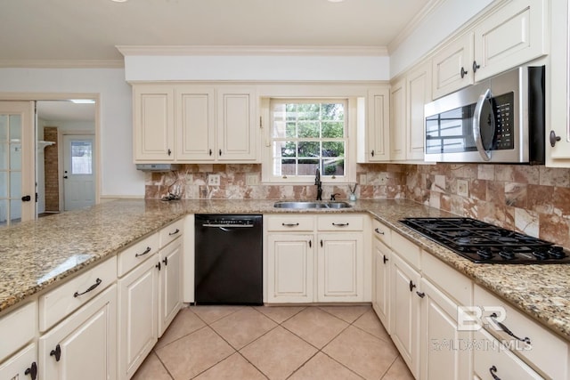 3755 N Claridge Rd, Mobile, AL 36608 - kitchen with black appliances, a sink, ornamental molding, decorative backsplash, and light tile patterned floors