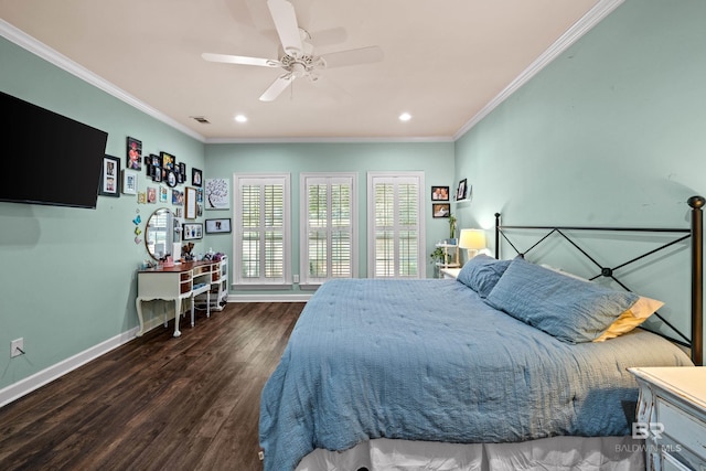 9791 Aspen Cir, Spanish Fort, AL 36527 - bedroom with wood finished floors, ornamental molding, recessed lighting, and a ceiling fan