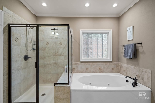 9791 Aspen Cir, Spanish Fort, AL 36527 - full bath with a tub with jets, a stall shower, crown molding, and recessed lighting