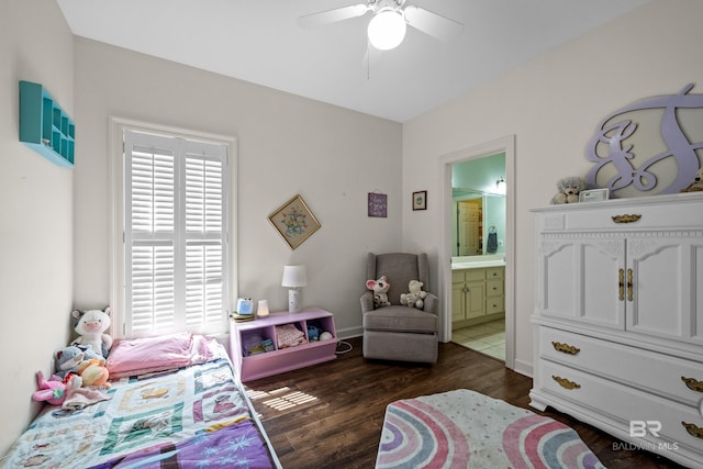 9791 Aspen Cir, Spanish Fort, AL 36527 - bedroom with wood finished floors, ensuite bath, and a ceiling fan