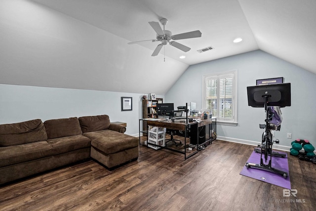 9791 Aspen Cir, Spanish Fort, AL 36527 - office area featuring wood finished floors, lofted ceiling, ceiling fan, and recessed lighting