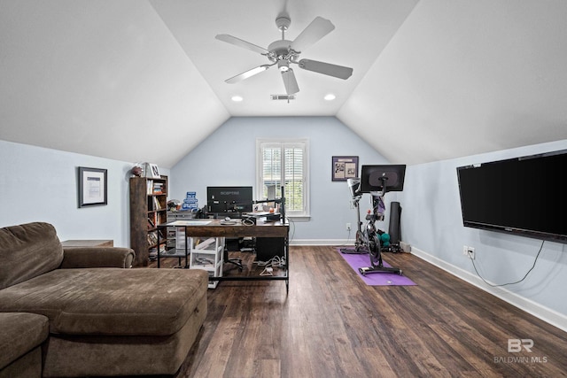 9791 Aspen Cir, Spanish Fort, AL 36527 - office space with wood finished floors, lofted ceiling, and ceiling fan